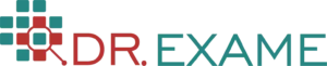 dr exame logo com uma arte com vários quadrados verdes e vermelhos, e o dr em vermelho e o exame em verde